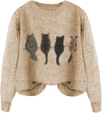 WDIRARA Women's Cat Graphic Sweater Long Sleeve Crew Neck Knit Tops Casual Knitwear