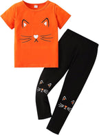 4-8T Toddler Girl Clothes Cat face print Short Sleeve Top+Pants Outfits Girl Spring and summer 2-Piece Set