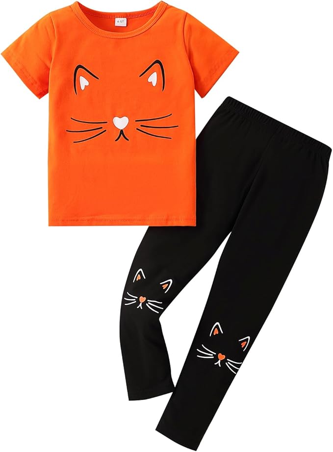4-8T Toddler Girl Clothes Cat face print Short Sleeve Top+Pants Outfits Girl Spring and summer 2-Piece Set