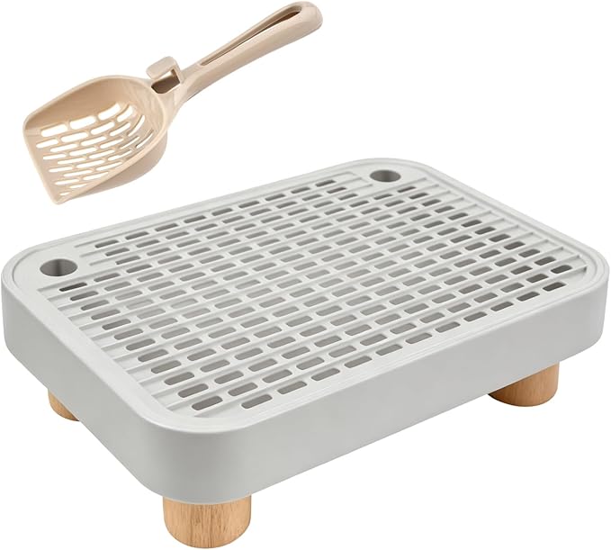 Litter Box Step with Litter Shovel, Box Ramp/Catcher with Wooden Base, Easy Cleaning with Filter Function Ideal for Cats Pedal Stool Kitten & Elderly Cats (Color:Grey)