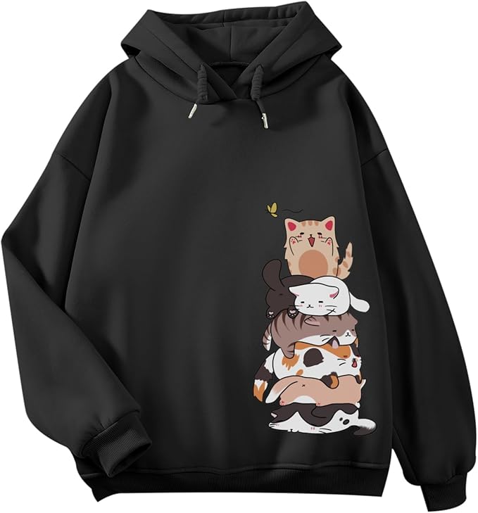 Tuislay Cute Cat Graphic Hoodies for Teen Girls Kawaii Cartoon Printed Hoodie Women Anime Print Hooded Sweatshirt Pullover