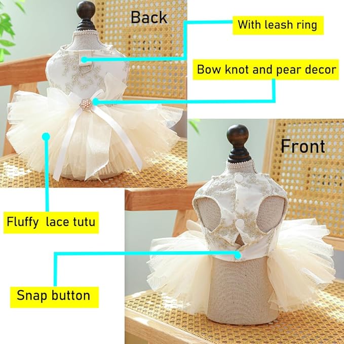 Fancy Dog Dresses with Leash Ring, Embroidered Dog Wedding Dress, Bow Puppy Clothes for Small pet Girl Multi-Layer Lace Tutu Cat Outfit for Kitten Chihuahua Yorkie,X-Large