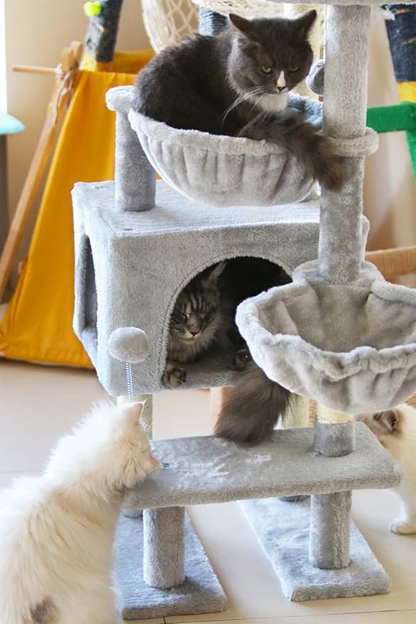 KIYUMI Cat Tree Cat Tower Condo with Sisal Scratching Post for Indoor Cats Cat Tree Cat Furniture with Hammock Perch and Kitten Ball Toys, Multi-Level Pet Activity Center Grey