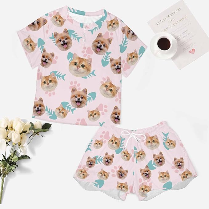 Custom Short Pajamas Set with Face Photo Women‘s Sleepwear Tee Personalized PJ Short Loungewear Set fot Her