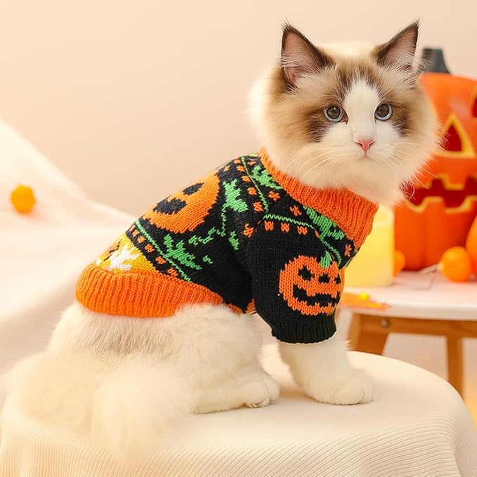 ANIAC Halloween Small Dog Sweater Pumpkin Cat Turtleneck Knitwear Warm Pet Halloween Costume Pumpkin cat Outfit Holiday Puppy Dog Clothes for Girl Boys (Black+Orange, Large)