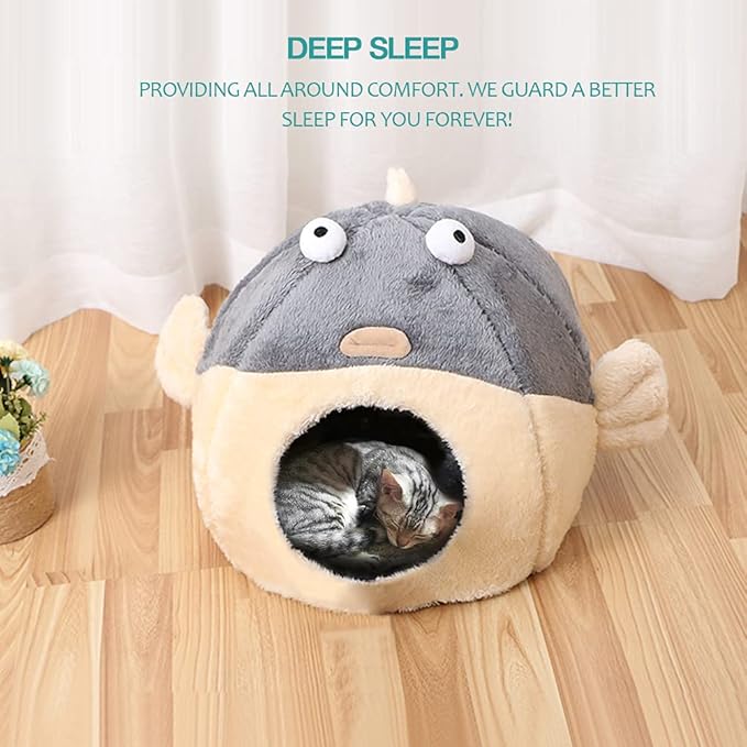 Cat Beds for Indoor Cats - Cat Bed Cave with Removable Washable Cushioned Pillow, Soft Plush Premium Cotton No Deformation Pet Bed, Lively Pufferfish cat House Design, Grey, Multiple Sizes
