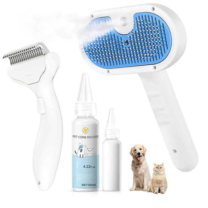 Pet Steam Brush for Dog & Cat - 3-in-1 Steam Grooming Slicker Brush & Undercoat Rake for Shedding - Self Cleaning Spray Comb with Mist for Long & Short Haired Pets - Includes Waterless Shampoo, Blue