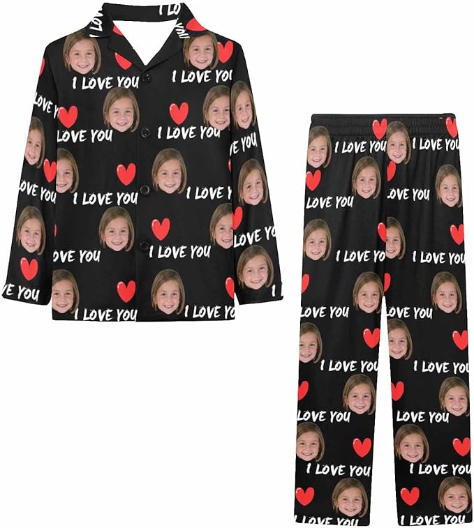 Artsadd Girls Pajamas Set Custom Face Pet Photo Long Sleeve Sleepwear Personalized Printed V-Neck Button-up Pants Nightwear