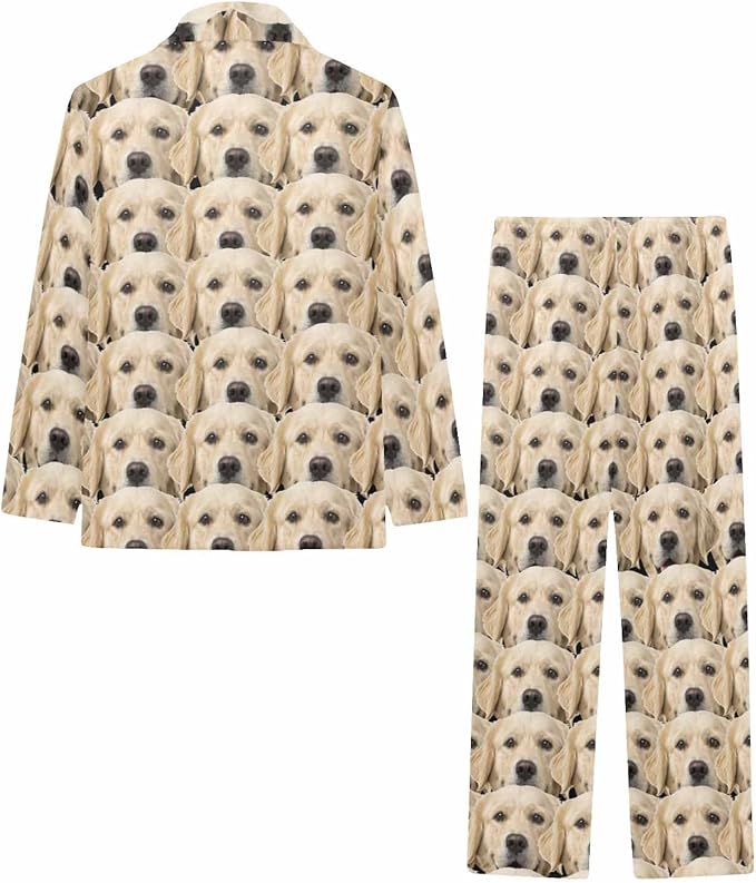 Artsadd Girls Pajamas Set Custom Face Pet Photo Long Sleeve Sleepwear Personalized Printed V-Neck Button-up Pants Nightwear