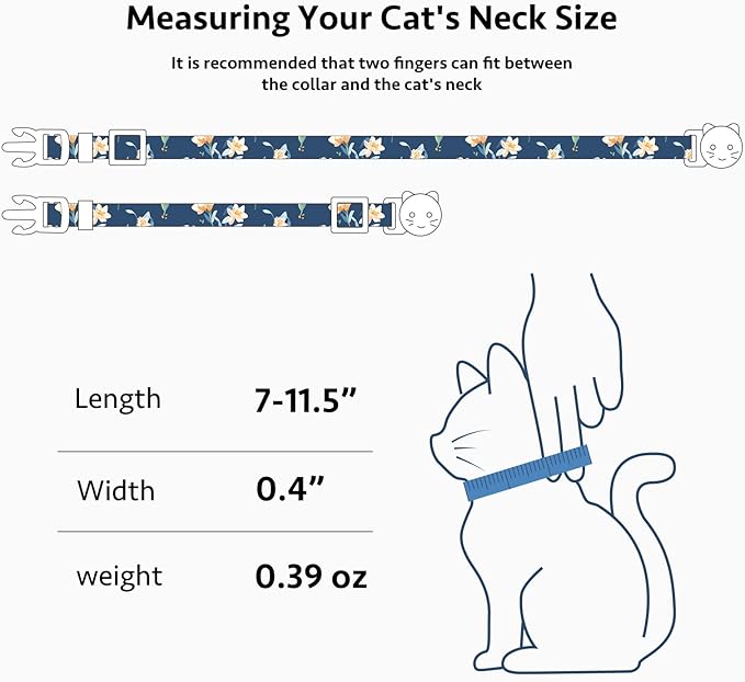 2 Pack Cotton Breakaway Cat Collar White and Blue Flowers Pendant Cute Kitten Cat Collar with Bell
