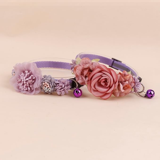 2 Pack Cat Collar Pink Floral with Bell and Removable Flower Bowtie Breakaway Adjustable Cat Collar for Girl Kitten Puppy Small Cats Dogs Daily Decoration (XQ10-3)