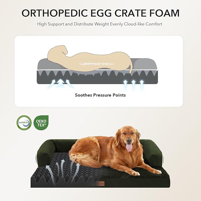 Orthopedic Dog Beds for Extra Large Dogs, Waterproof Egg Crate Foam XL Dog Bed with Sides 41x27Inch, Washable Big Dogs Couch Beds with Removable Cover and Nonskid Bottom, Olive Green