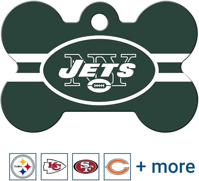 GoTags Personalized New York Jets Dog Tag, Brass Metal Bone Shape Pet ID Tag Engraved with Name and Custom Text, Every NFL Football Team Pet Apparel (Large)