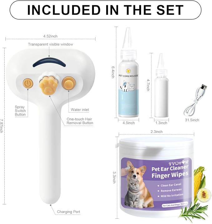 Pet Steam Brush for Dog & Cat – 3-in-1 Spray Hair Removal Comb – Steam for Shedding & Grooming – Water Brush for Long & Short Haired Pets – Spritz Defur Comb