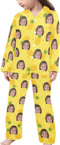 Artsadd Girls Pajamas Set Custom Face Pet Photo Long Sleeve Sleepwear Personalized Printed V-Neck Button-up Pants Nightwear