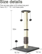 PEEKAB 32" Tall Cat Scratching Post Sisal Scratch Posts,with Hanging Ball and Self-Massage Brush Vertical Scratcher for Indoor Cats and Kittens Gray 32inches