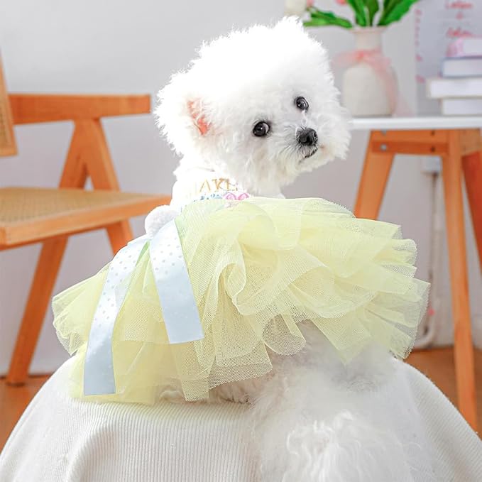 Dog Easter Outfit with Embroidered Bunny Patterns and Cute Pompom Holiday Puppy Dress Bow Small Dog Tutu Cat Apparel Fancy Pet Clothes,Yellow,Blue,White (Yellow, X-Large)
