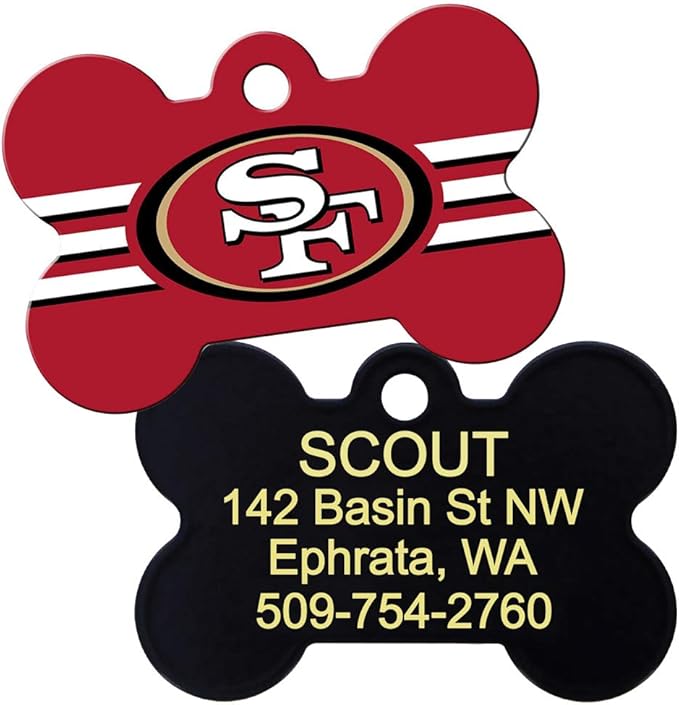 GoTags Personalized San Francisco 49ers Dog Tag, Brass Metal Bone Shape Pet ID Tag Engraved with Name and Custom Text, Every NFL Football Team Pet Apparel (Large)