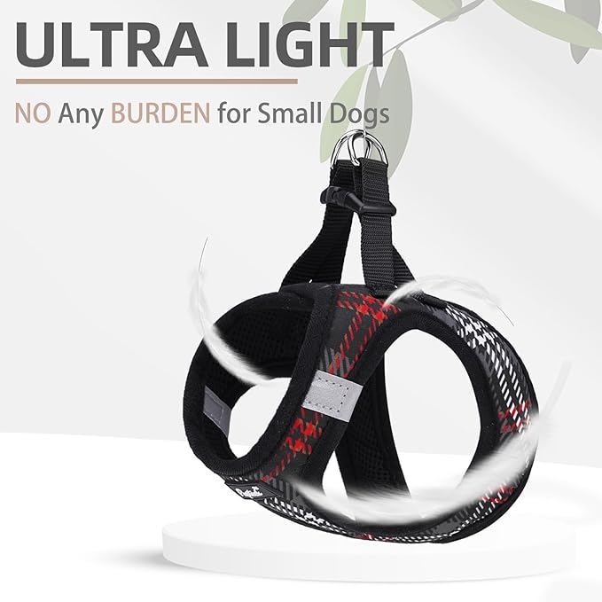 PUPTECK Dog Harness and Leash Set for Small Medium Dogs No Pull Step-in Soft Mesh Puppy Cat Vest Harnesses Reflective at Night, Plaid Pattern Black XS