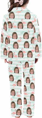 Artsadd Girls Pajamas Set Custom Face Pet Photo Long Sleeve Sleepwear Personalized Printed V-Neck Button-up Pants Nightwear