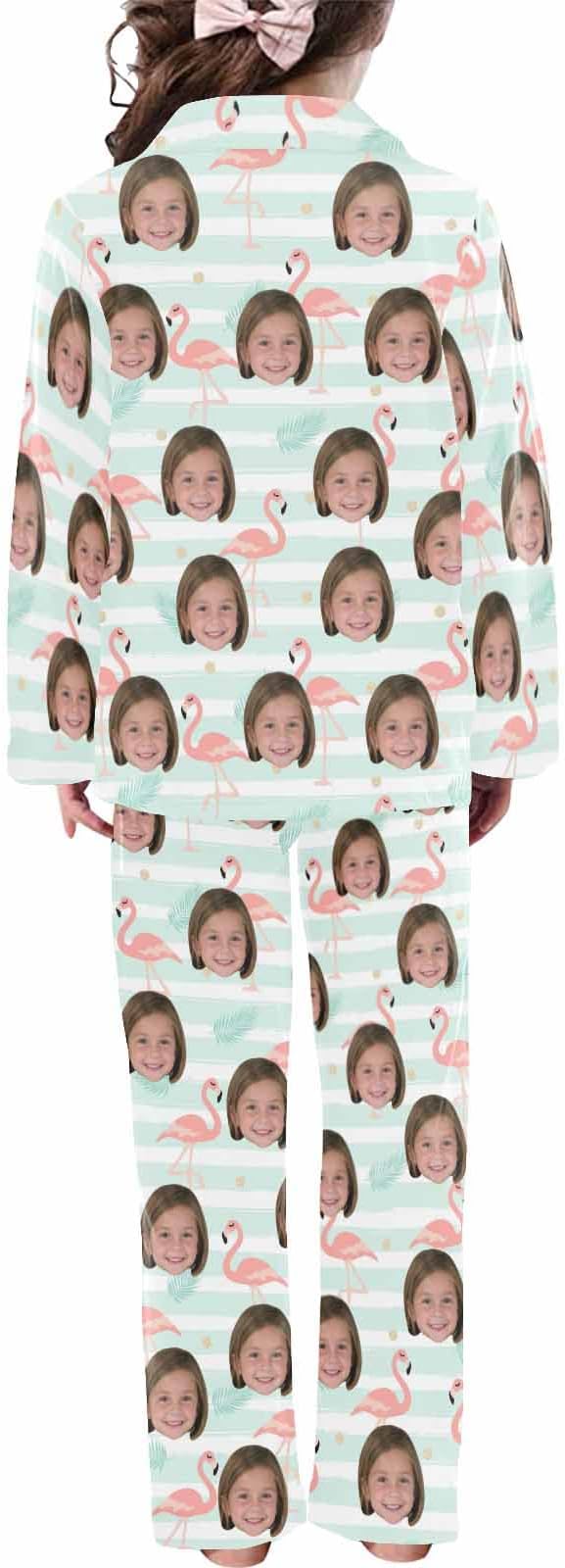 Artsadd Girls Pajamas Set Custom Face Pet Photo Long Sleeve Sleepwear Personalized Printed V-Neck Button-up Pants Nightwear