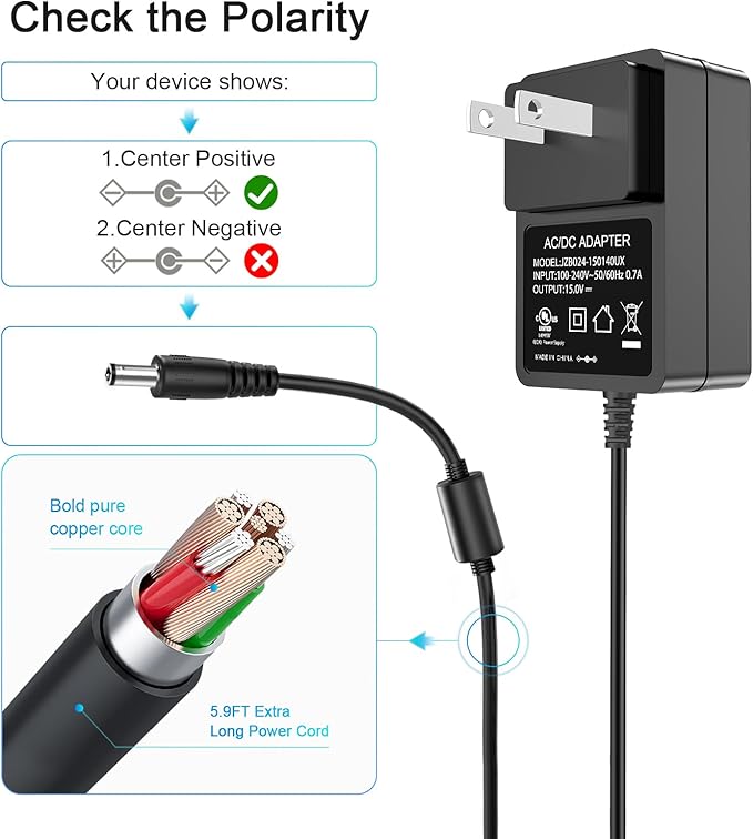 15V DC Power Supply 15Volt Power Adapter Compatible with Litter Robot 2, 3, 4 Open Air Self Cleaning Cat Litter Box
