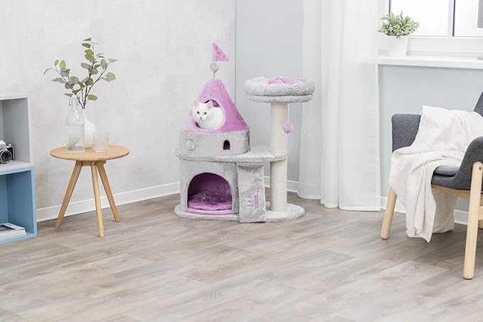 TRIXIE My Kitty Darling Castle Condo, Plush Cat Tree, Sisal Scratching Post, Removable Bed, Crinkling Blanket, Cat Toy