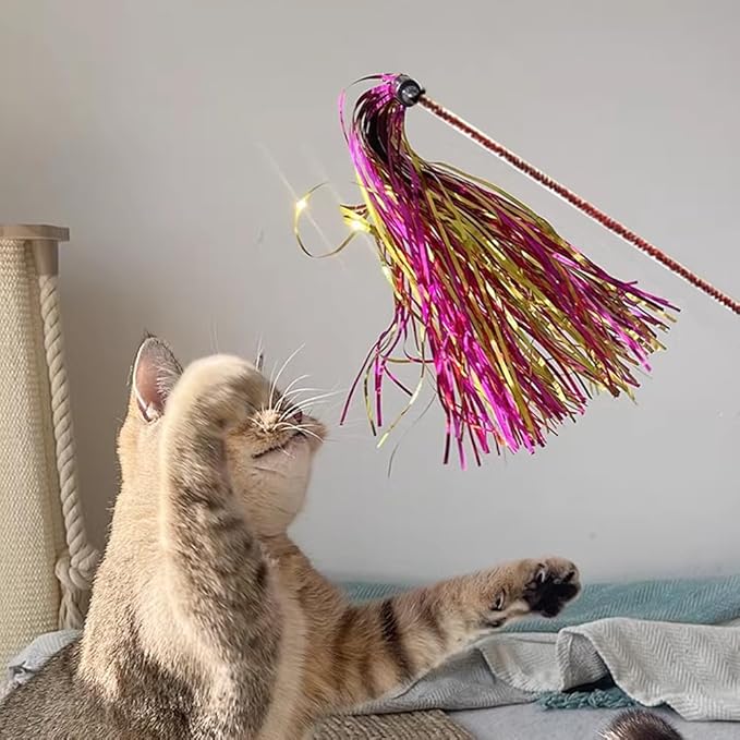 Cat Wand Toys, 4 PCS Tinsel Teaser Wand Shiny Ribbon Kitty Toy Interactive Cat Toy Kitten Wands for Indoor Cat Kitten Having Fun Exerciser Playing