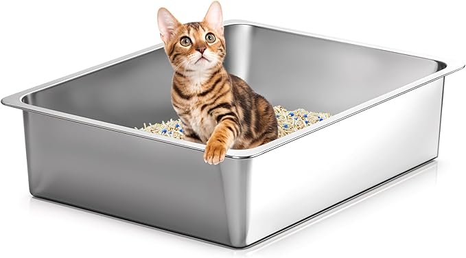 Kirecoo Stainless Steel Cat Litter Box, Small Metal High Sided Cat Pan Box, Indoor Litter Tray, Non Stick, No Smell, Easy to Clean, Pet Toilet Supplies for Cats