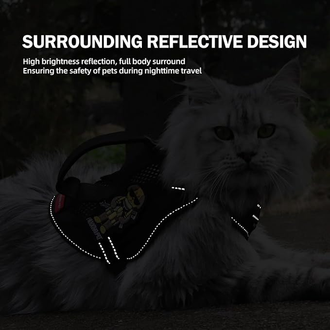 Cat Harness and Leash Set for Walking Escape Proof Adjustable Reflective Large Cat Tactical Harness with Patches Breathable Summer Vest Soft Mesh Padding Handle Easy to Control (Black, M)