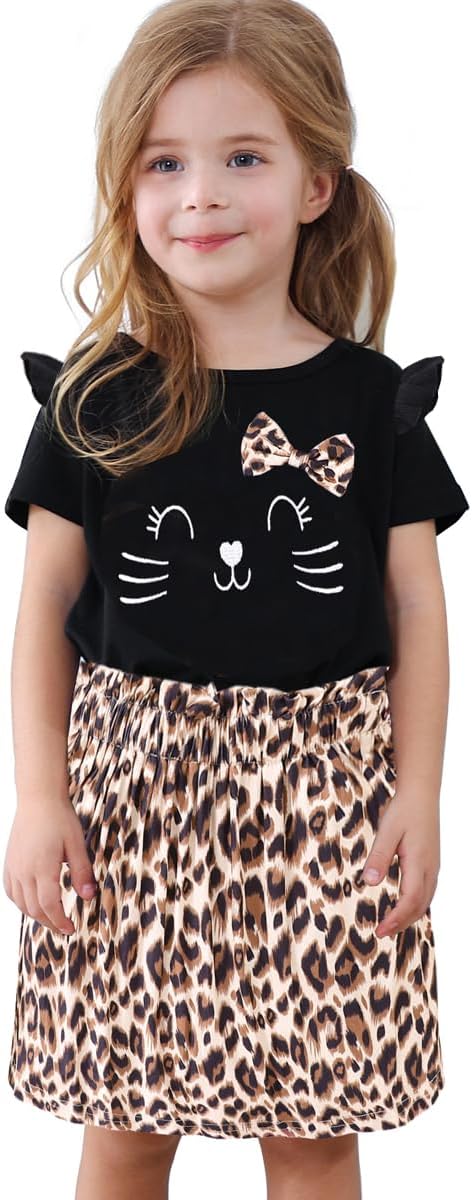 Akyzic Little Girl Skirt Outfit Two Piece Spring Summer Outfit Butterfly Dress Cat Print Skirt Toddler Girl Outfit Set