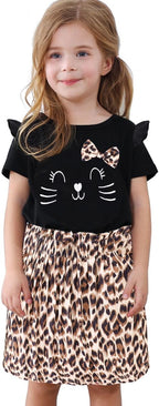 Akyzic Little Girl Skirt Outfit Two Piece Spring Summer Outfit Butterfly Dress Cat Print Skirt Toddler Girl Outfit Set