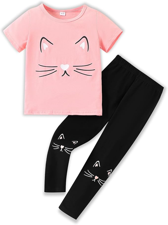 4-8T Toddler Girl Clothes Cat face print Short Sleeve Top+Pants Outfits Girl Spring and summer 2-Piece Set
