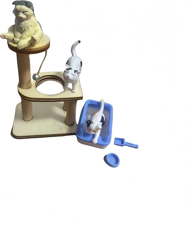 1/12 Scale Accessories Cat Figurines Sets which Including Blue Litter Box,Climbing Tree and 3 Cats - Mini Resin Animals for Dollhouse Decoration and Miniatures Cake Topper
