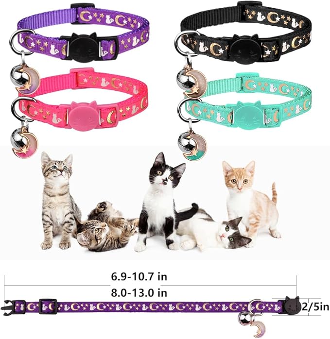 4PCS Cat Collar with Bells,Breakaway Cat Collars,Moons Stars Cute Kitty Adjustable Safe Kitten Collars Pendant Glow in The Dark,Cat Collars for Girl Cats 8.0-13.0 Inch(Black&Purple&Pink&Teal)