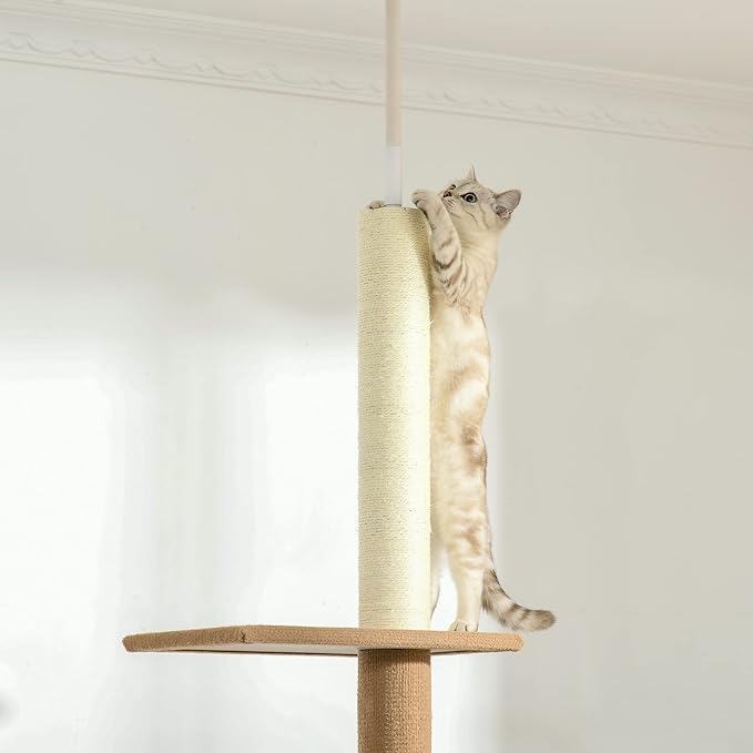 PawHut Floor-to-Ceiling Cat Tree Cat Climbing Tower with Sisal-Covered Scratching Posts Natural Cat Tree Activity Center for Kittens Cat Tower Furniture, Light Brown
