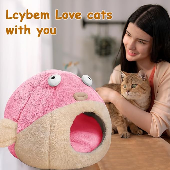 Cat Beds for Indoor Cats - Cat Bed Cave with Removable Washable Cushioned Pillow, Soft Plush Premium Cotton No Deformation Pet Bed, Lively Pufferfish cat House Design, Pink, Multiple Sizes