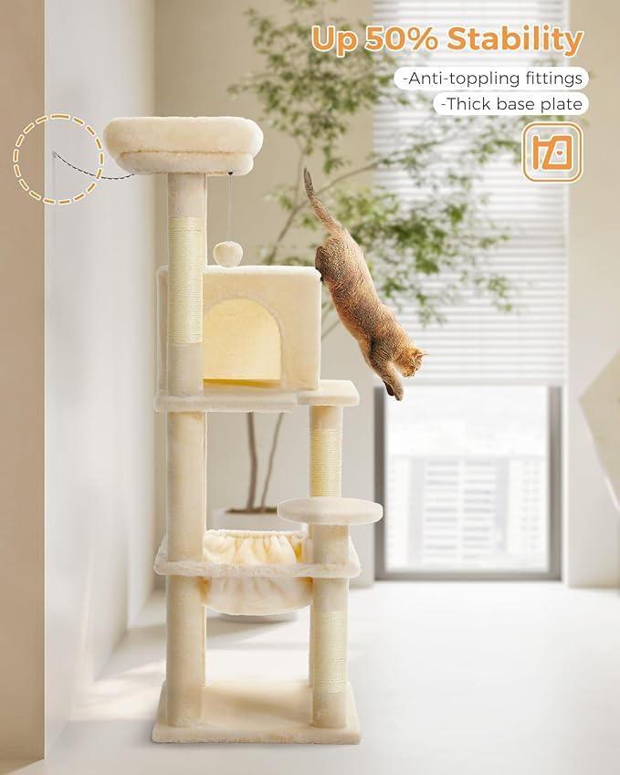Cat Tree for Large Cats Adult with Metal Plush Big Hammock, 56.3" Cat Tower with 2 Door Condo House, 6-Tier Cat Shelves with Scratching Posts and Large Top Perch, Beige