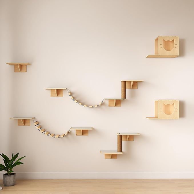 COZIWOW Cat Wall Shelves, 8-In-1 Cat Wall Furniture Set, Wood Large Cat Shelves for Wall with Scratching Post, Indoor Cat Climbing Wall Activity Center for Climb, Play, Rest, and Scratch, Natural Wood