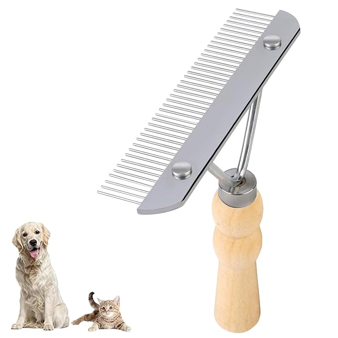 Undercoat Grooming Rake with Anti-Slip Wooden Handle, Steel Comb for Medium & Large Pets