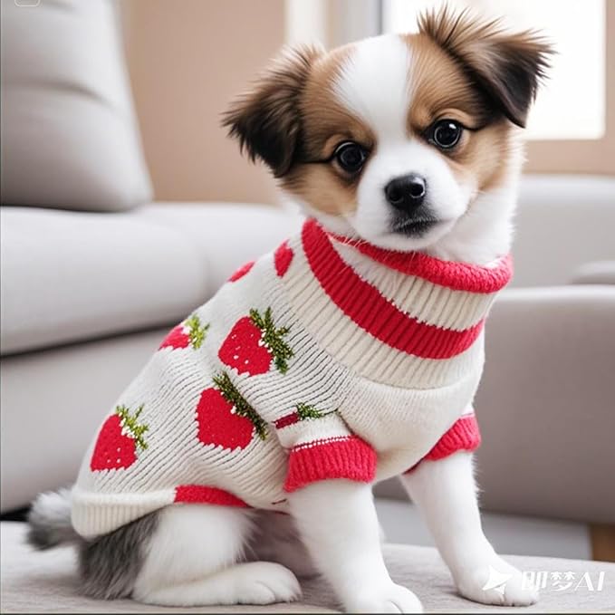 ANIAC Strawberry Turtleneck Cat Sweater Warm Knitted Small Dog Clothes for Girls Boys Autumn Winter Puppy Outfit Cold Weather Pet Knitwear for Chihuahua Yorkie Poodle (Red Strawberry, Large)