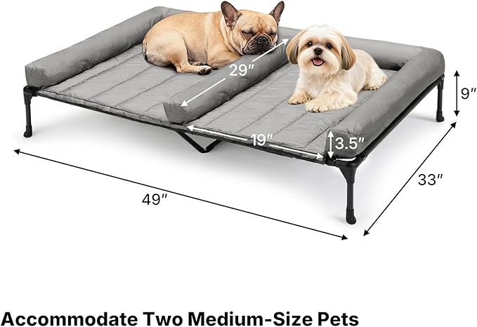 Veehoo Cooling Raised Dog Beds + Waterproof Double Dog Bed Cushion for Two Medium Dogs, Elevated Pet Cot with Removable Bolster Mat, Breathable Mesh, No-Slip Feet, Pets Couch Bed, 49x 33inches, Grey