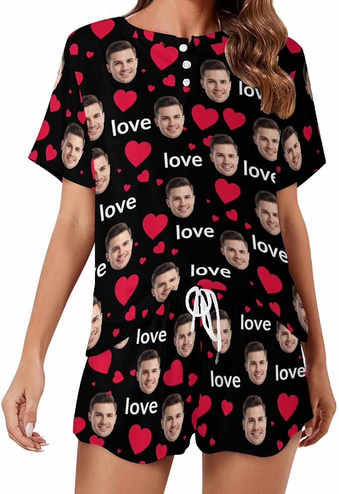 D-Story Custom Short Pajama Set with Pet Face Personalized Photo Sleepwear 2 Pieces Pjs Nightwear Xmas Gift for Women