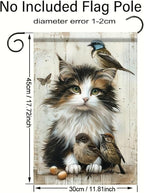 Cat and Birds Garden Flag 12x18 Inch Double Sided Outdoor Yard Banner Fluffy Kitten with Songbirds Design for Spring Summer Porch Lawn Home Decoration