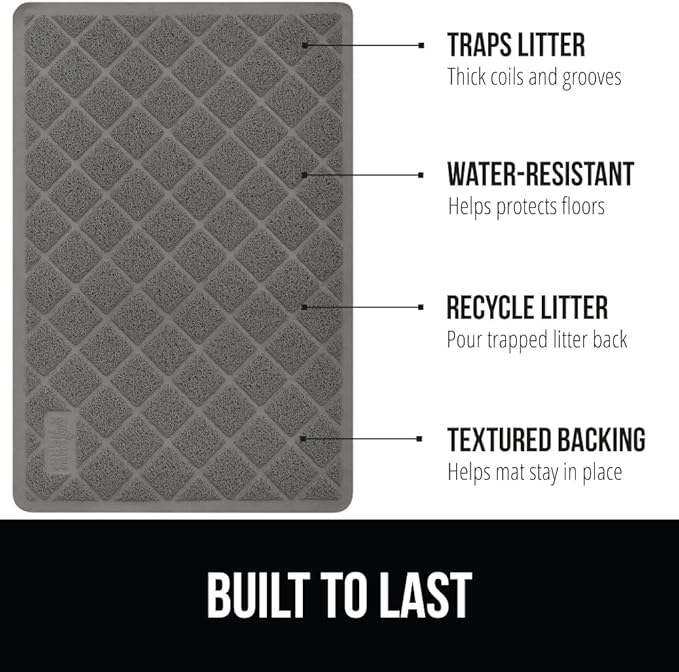 GORILLA GRIP Cat Litter Box Mat, 35x23 2 Pack, Water Resistant, US Designed Kitty Litter Trapping Mats, Easy to Clean Scatter Control, Less Mess and Clean Floors, Kitten Supplies for Indoor Cats, Grey
