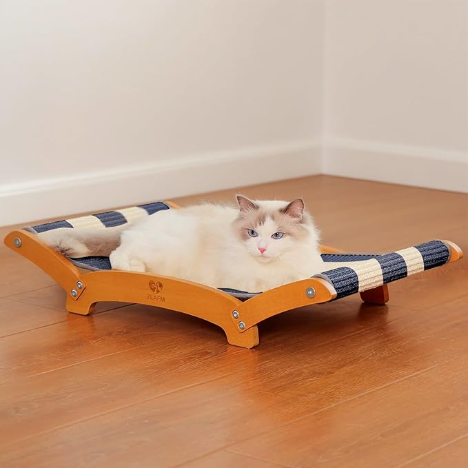 Extra-Larger Sisal Cat Scratcher Bed, Durable Cat Scratching Post with Hammock for Indoor Cats Lounger & Sleep & Scratch, Natural Sisal Cats Scratch Pad, Sturdy Solid Wood Frame (BeigeBlue)
