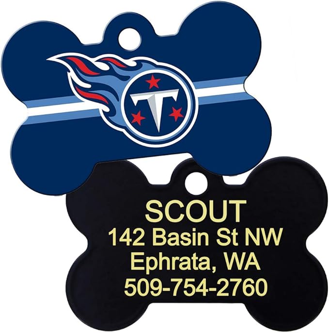 GoTags Personalized Tennessee Titans Dog Tag, Brass Metal Bone Shape Pet ID Tag Engraved with Name and Custom Text, Every NFL Football Team Pet Apparel (Large)