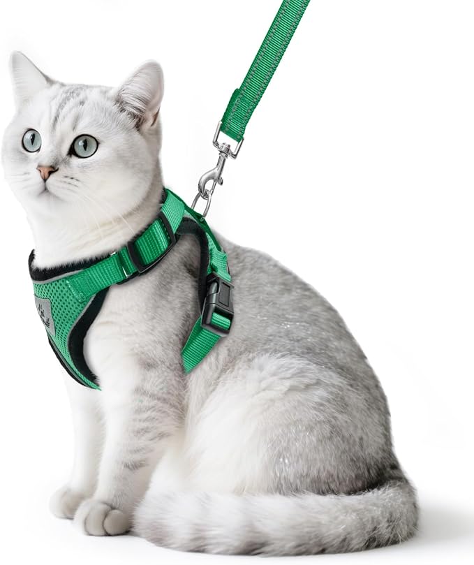 PUPTECK Cat Harness and Leash Set Escape Proof Reflective Cat Walking Harness Adjustable Soft Breathable Mesh Vest for Small Pets, Dark Green, M