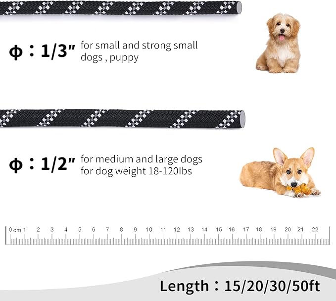 Long Dog Leash for Training 20Ft-Reflective Nylon Rope with Swivel Hook-Recall Agility Lead for Large Small Medium Dogs Outside Walking Hiking-Black
