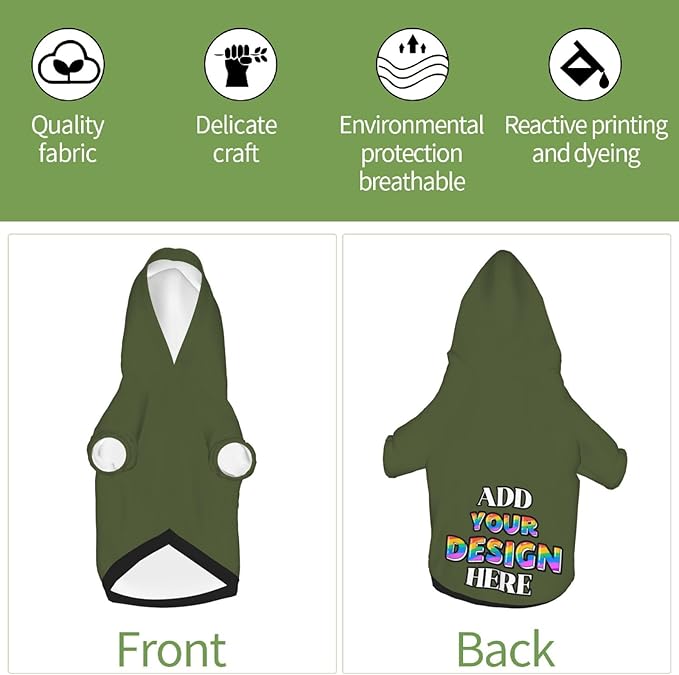 Custom Dog Hoodie, Personalized Dog Sweatshirt, Dog Clothes for Small Dogs Customizable, Army Green, XS, Ropa para Perros Pequeños, Customized Pets Puppy Clothes, Personalized Gifts